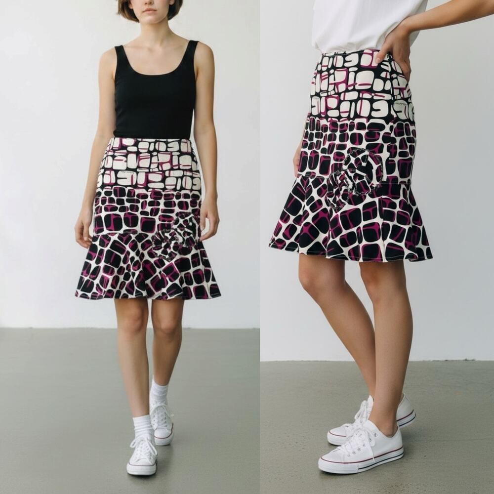 Vintage MOSCHINO Peplum Hem Skirt Retro 90s Y2K Pop Art Mod Geometric Pink Black